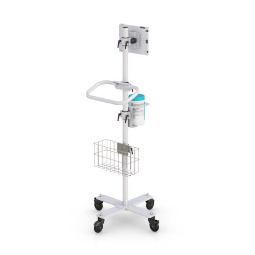 772843 mobile tablet communications cart with sanitizing receptacle and utility basket