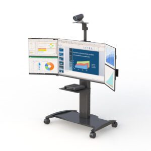 Ergonomic mobile computer monitor cart on wheels with adjustable height and locking casters